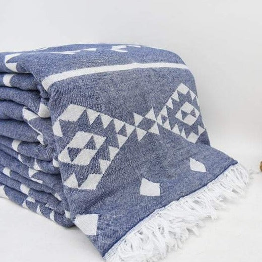 Navy Blue Aztec Turkish Towel Throw 100% Cotton Organic | The Artisans Loft Canada